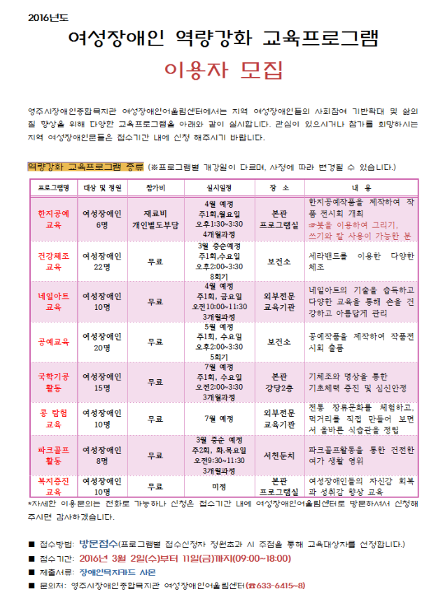 2016년 여성장애인 역량강화프로그램 이용자 모집
