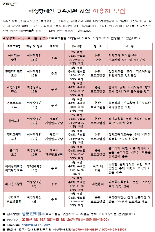 여성장애인교육지원 사업 프로그램 이용자 모집 안내