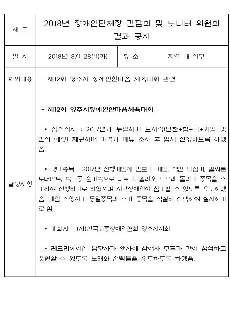 2018년 제 2차 장애인단체잠 간담회 및 모니터 위원회 결과 공지